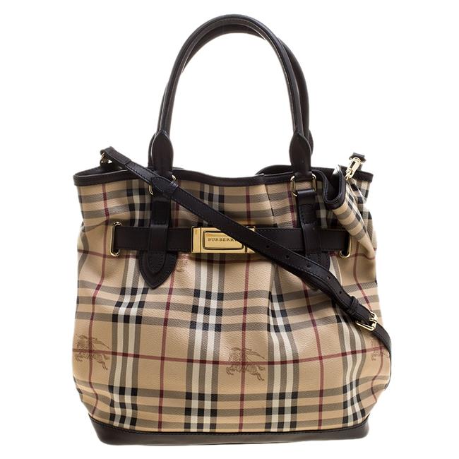 Burberry BeigeBrown Heymarket Coated Belt Beige Canvas Tote