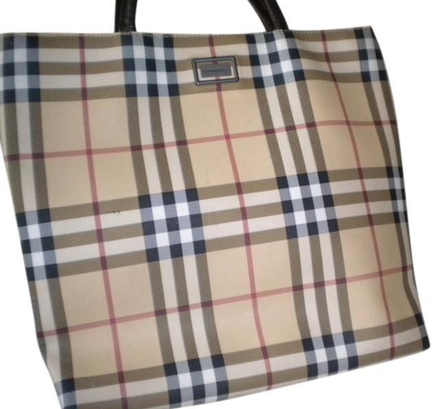 Burberry BeigeBrown Straps Canvas Logo with Leather Tote