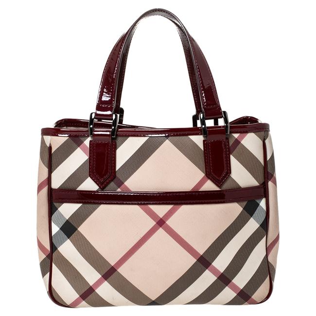 Burberry BeigeRed Nova Check Front Pocket Beige Pvc and Patent Leather Tote