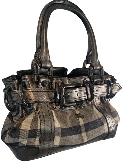 Burberry Belted Silver Metallic LeatherCanvas Tote