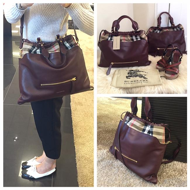 Burberry Big Crush In House Check Maroon Leather Tote