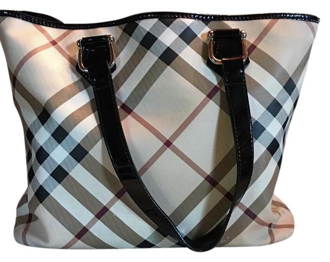 Burberry Black Patent Medium Nova Plaid Canvas Tote