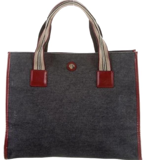 Burberry Blu Denim Dark Red Leather Trim Tote