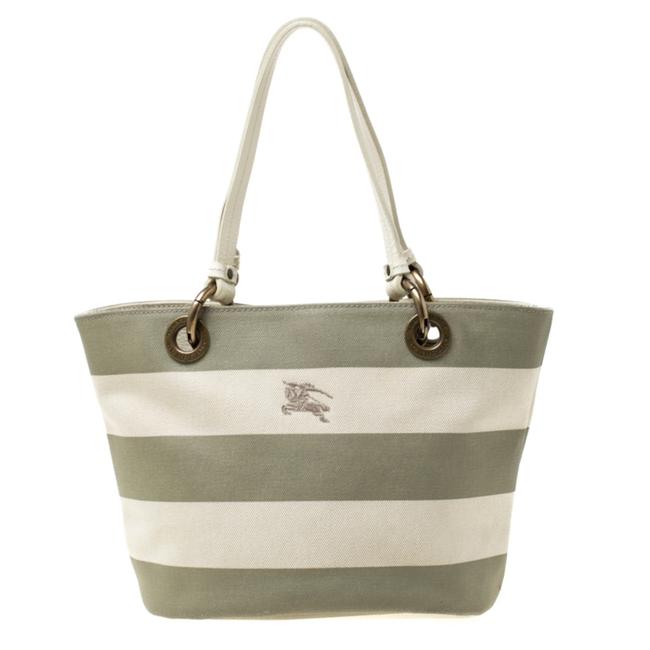 Burberry Blue Label BeigeGreen Striped Beige Canvas Tote