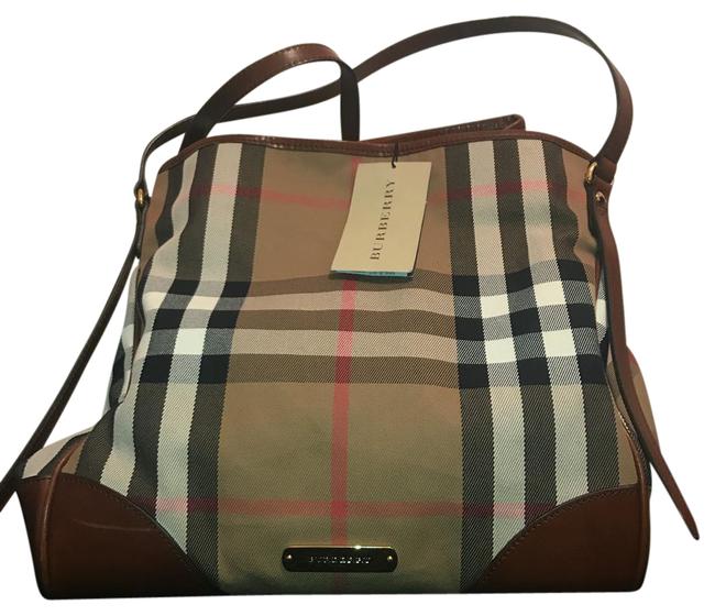Burberry Bridle House Check Medium Canterbury Dark Tan Leather Tote