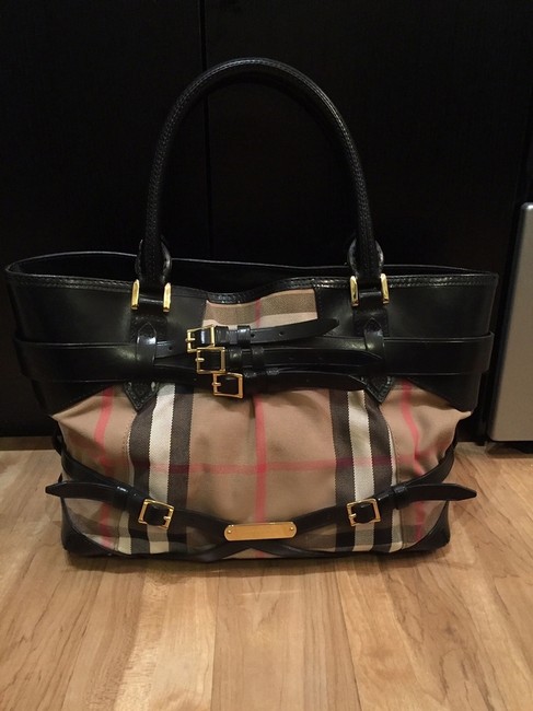 Burberry Bridle House Medium Lynher Black Check Leather Canvas Tote