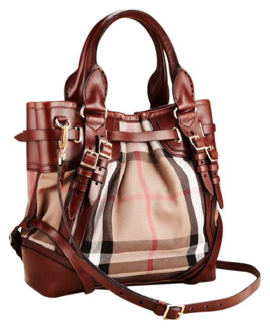 Burberry Bridle Housecheck Small Whipstitch Dark Tan Cotton and Leather Tote