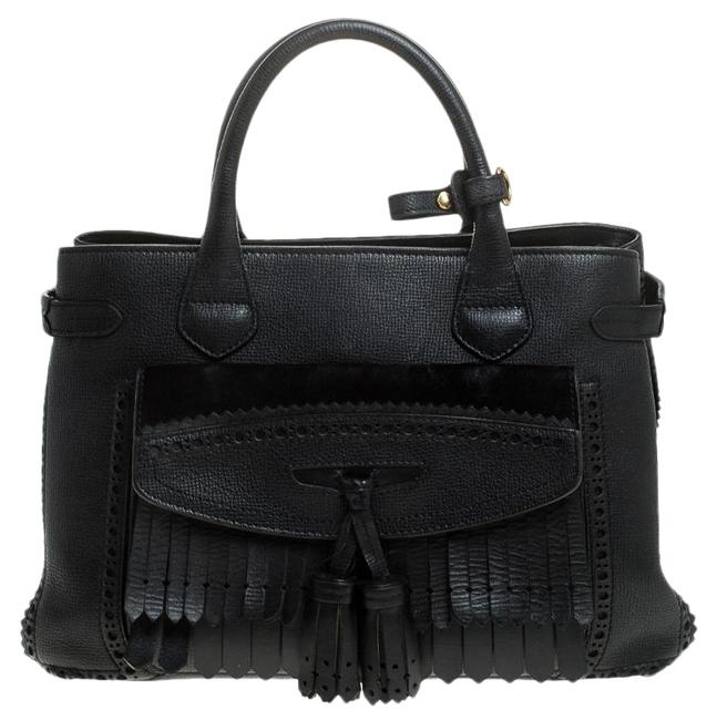 Burberry Brogues Banner Fringe Black Leather Tote