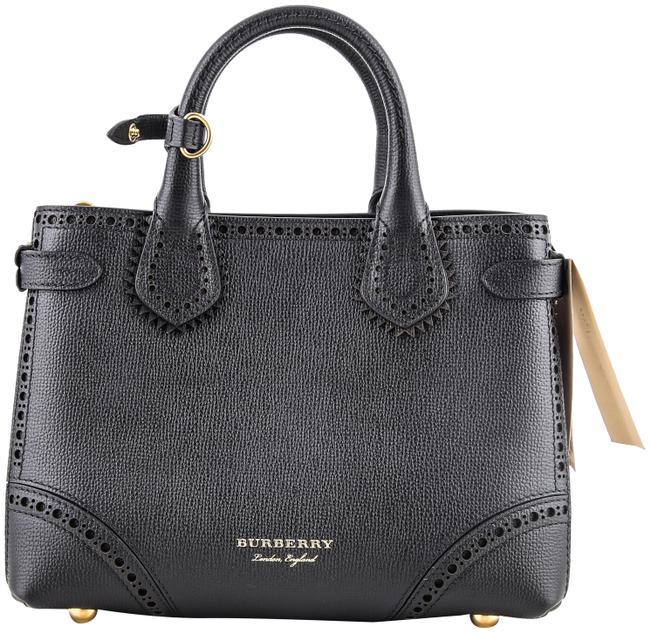 Burberry Broguing Edge House Check Small Banner Black Leather Tote