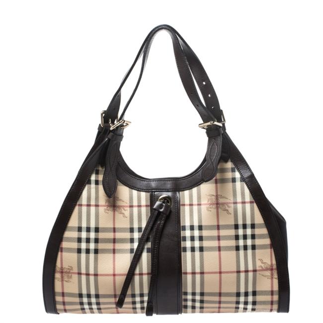 Burberry BrowBeige Haymarket Check And Brown Coated Canvas Leather Tote