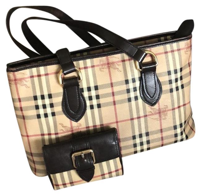 Burberry Brown Red Beige Leather Tote