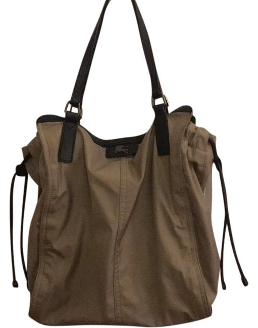 Burberry Buckleigh Taupe with Black Trim Nylon W Leather Tote