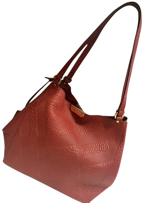 Burberry Canter Embossed Check Military Red Calf Grain Leather Tote