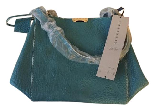 Burberry Canterbury Embossed Check Small Aqua Green Leather Tote