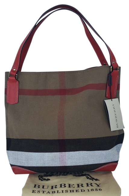 Burberry Bag Canvas Check Medium Maidstone Cadmium Red Leather Tote