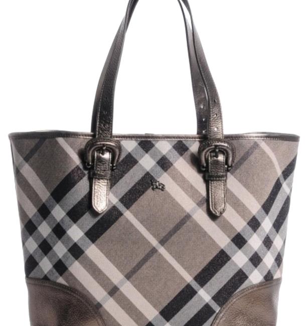 Burberry Check Byron Silver and Black Canvas Leather Tote