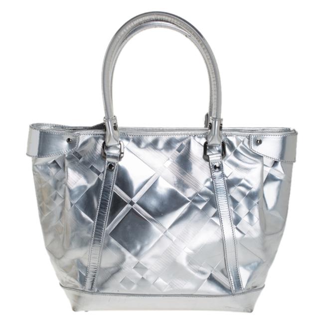 Burberry Check Ember Silver Patent Leather Tote