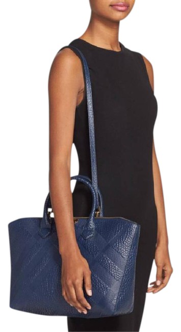 Burberry Bag Check Embossed Dewsbury Blue Grain Leather Tote
