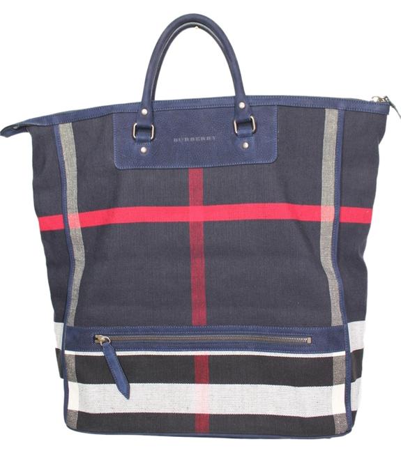 Burberry Bag Check Large Big Weekender Navy Blue Red Canvas Leather Suede Tote