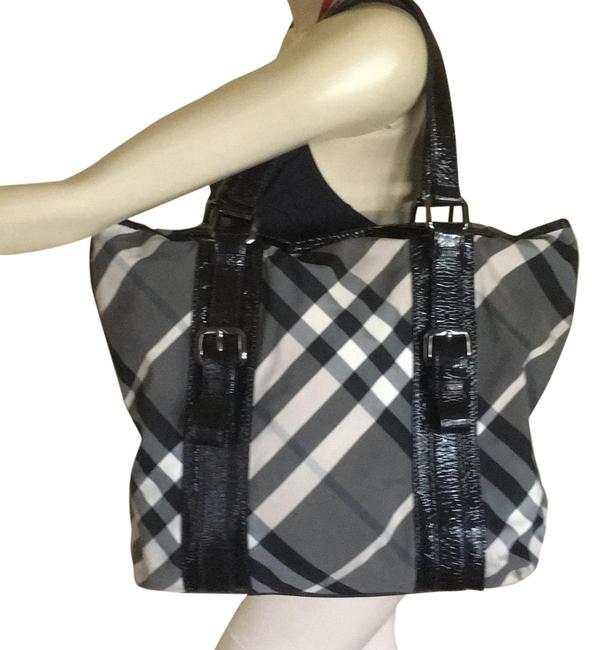Burberry Check Large Black and White CanvasLeather Tote