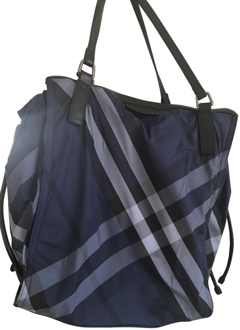 Burberry Check Navy Blue Nylon Tote