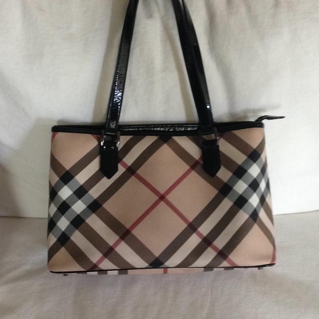 Burberry Check Tan and Black Coated Canvas Tote
