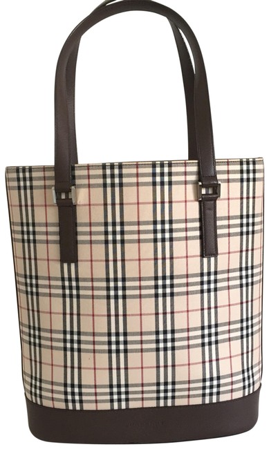 Burberry Check Trim Beige Brown Canvas and Leather Tote