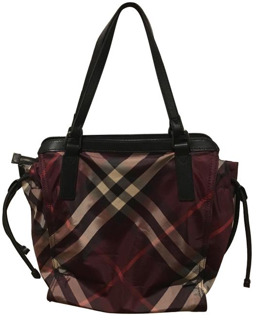 Burberry Checked Packable Purse Shopper Maroon Black and Gray Nylon Tote