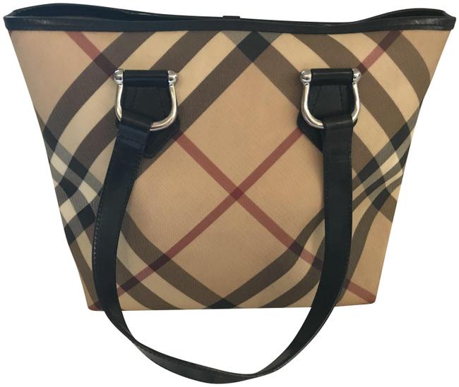 Burberry Classic Check Tan Black Leather Tote