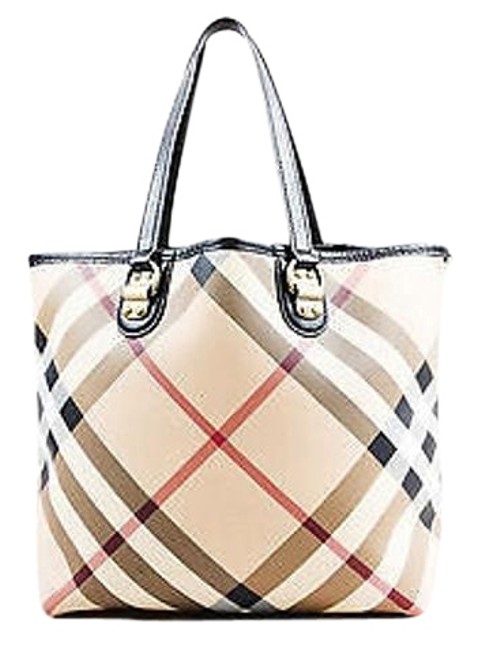 Burberry Cream Black Coated Canvas Leather Trim Nova Check Tote Bag