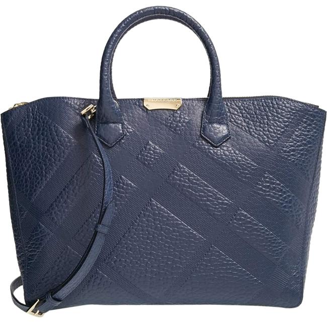 Burberry Dewsbury Grain Heritage Embossed Check Navy Leather Tote