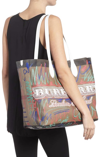 Burberry DoodletoteCheck Reversible White Canvas with Leather Trim Tote