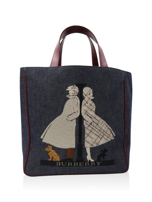 Burberry Embroidered with Red Leather Trim Handbag Blue Denim Tote