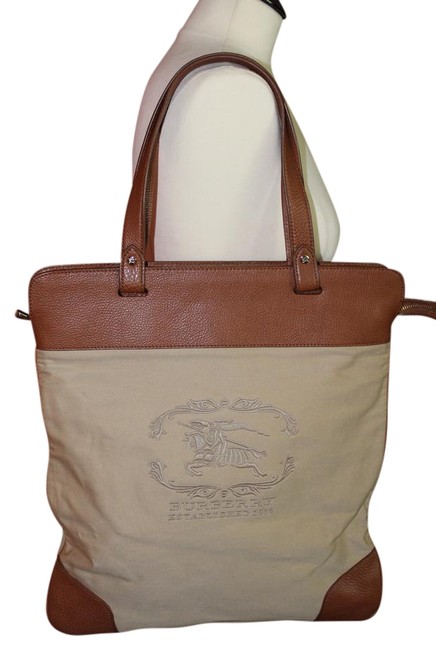 Burberry Flat Brown Beige Leather Fabric Tote
