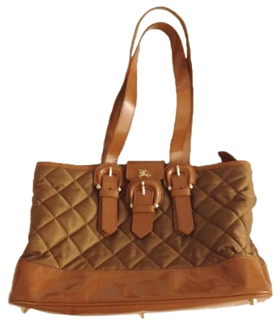 Burberry Gold Hardware Tan Beige Brown Quilted Nylon and Patent Leather Tote