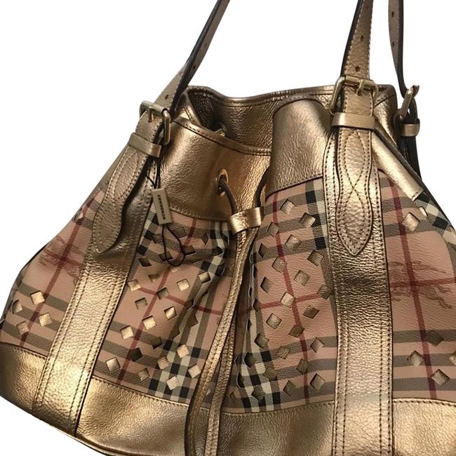 Burberry Gold Plaid LeatherCanvas Tote