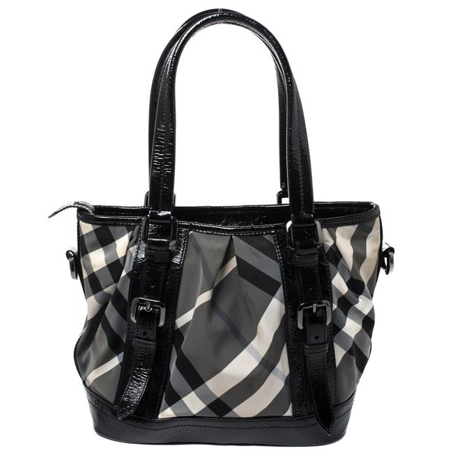 Burberry GreyBlack Beat Check Lowry Nylon and Patent Leather Tote