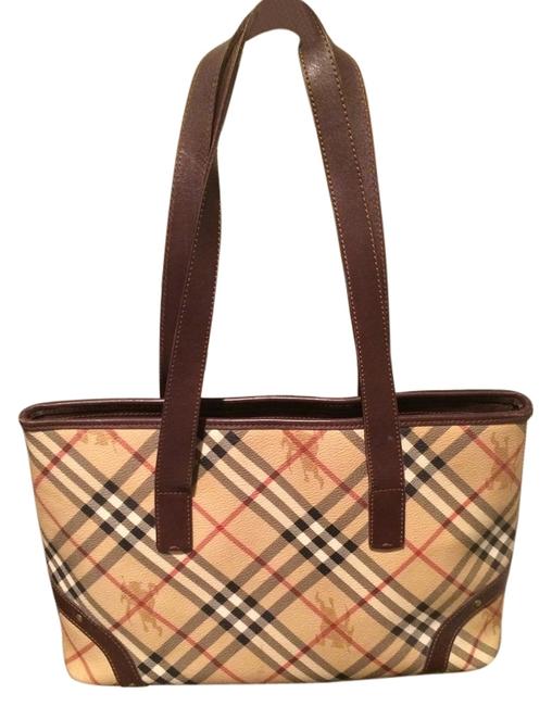 Burberry Haymarket Camel Check Coated Canvas Leather Tote