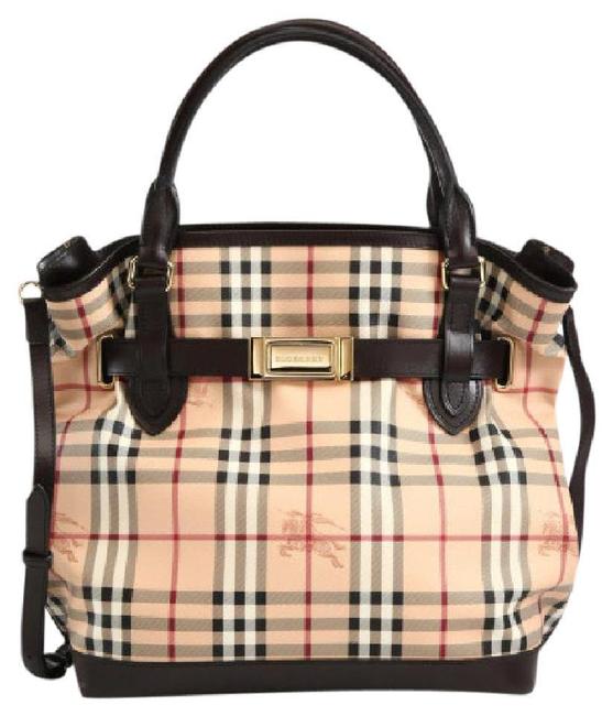 Burberry Bag Haymarket Check Medium Golderton Chocolate PvcLeather Trim Tote