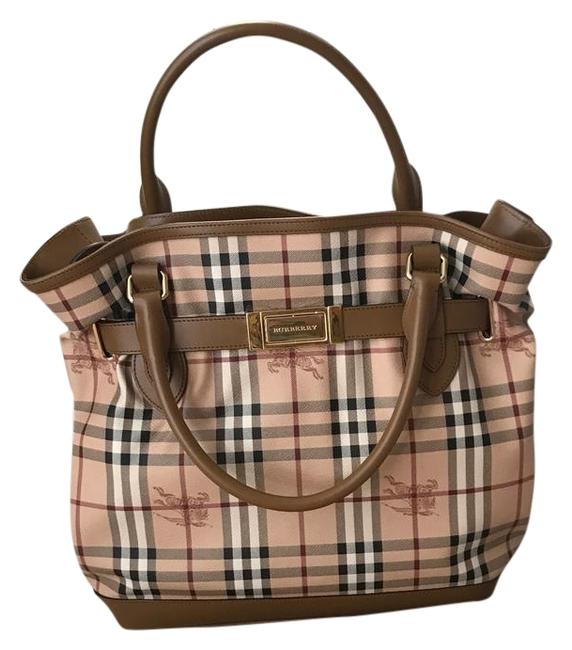 Burberry Haymarket Check Medium Golderton Mid Camel PvcLeather Trim Tote