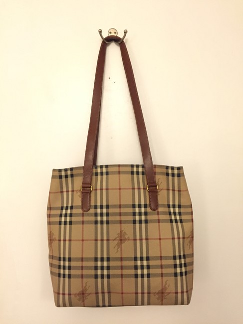 Burberry Haymarket Check Multi Brown Leather Coated Canvas Tote