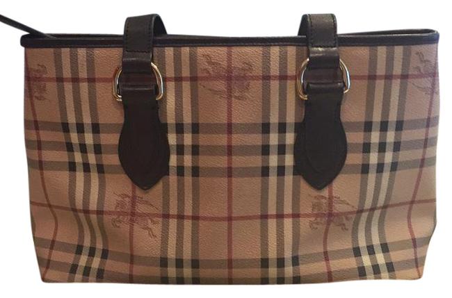 Burberry Haymarket Check Regent Creme Beige Brown Red Black Leather Tote