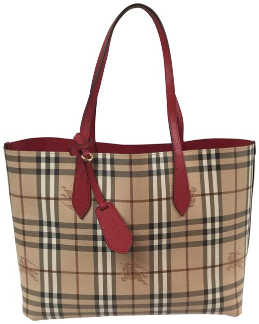 Burberry Haymarket Check Reversible Leather Red Tote