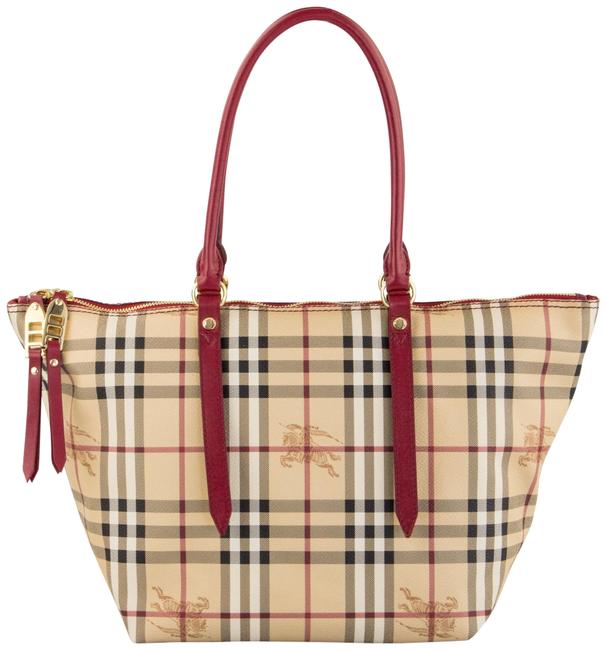 Burberry Haymarket Check Small Salisbury BeigeRed PvcLeather Tote