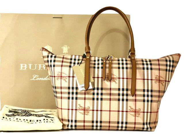 Burberry Haymarket Medium Salisbury Mid Camel Coated Canvas Tote