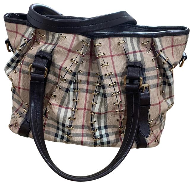 Burberry Haymarket Metal Stitch Lowry Dark Brown Tote