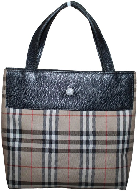 Burberry Haymarket with Black Grained Leather Small Handbag Brown Canvas Tote