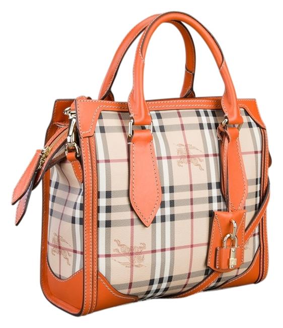 Burberry Honeywood Haymarket Check Tangerine PvcCanvas Leather Tote