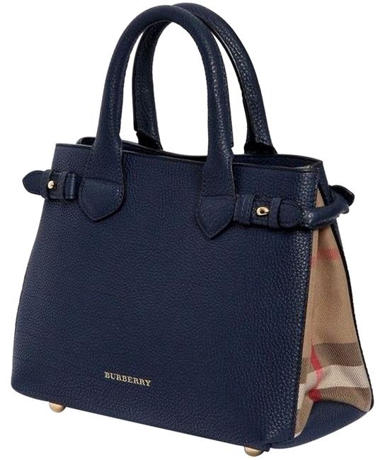 Burberry Horsecheck Pebble Grain Small Banner Navy and Print Leather Tote