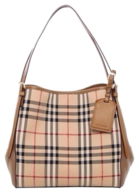 Burberry Horseferry and Leather Beige Check with Camel Trim Tote